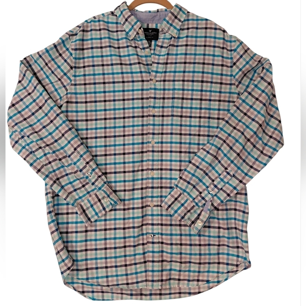 American Eagle Outfitters Classic Fit Blue Teal Plaid Long Sleeve Shirt XLT